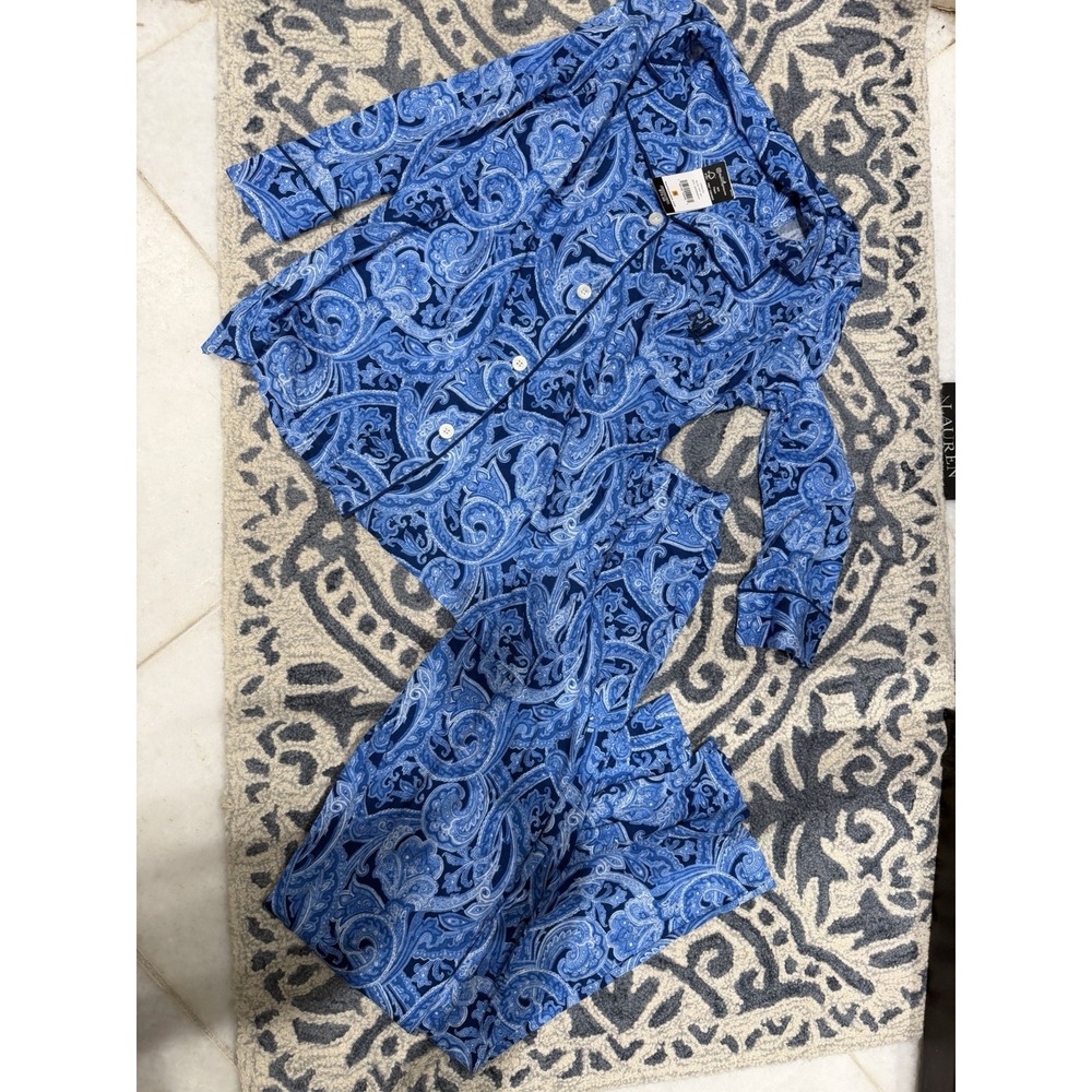 Lauren Ralph Lauren Women Pajama Pant Set Blue Paisley Jersey S LN92223 NEW